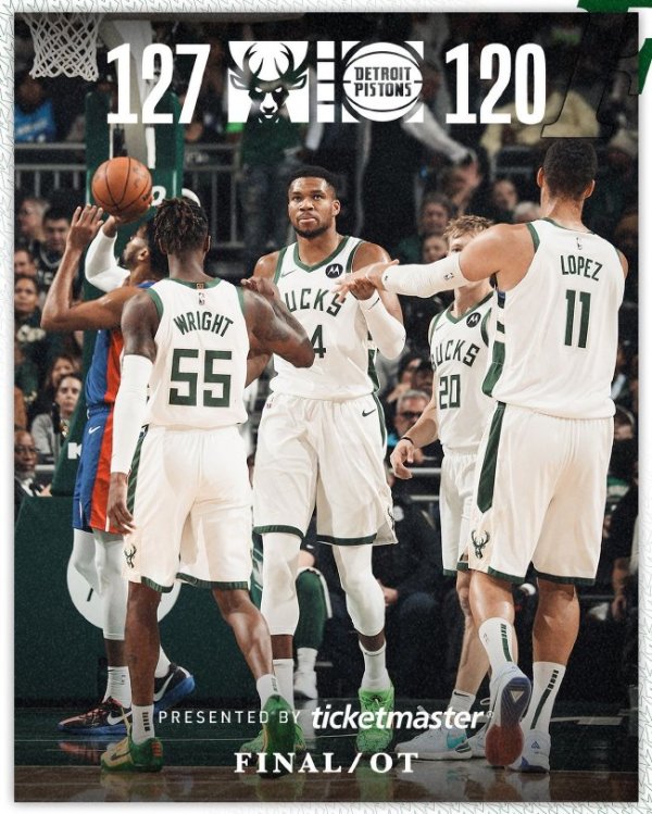 皇冠体育 字母哥59+14雄鹿险胜活塞 魔术克走路者4连胜